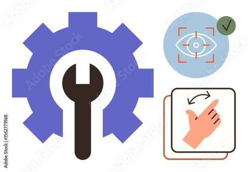 Gear and wrench symbolize settings and tools. Eye with focus target shows vision and accuracy. Gesture icon refers to interaction. Ideal for settings, customization, focus, precision, usability