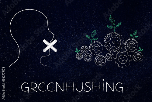 greenhushing concept silenced face and factory mechanism with green leaves on them