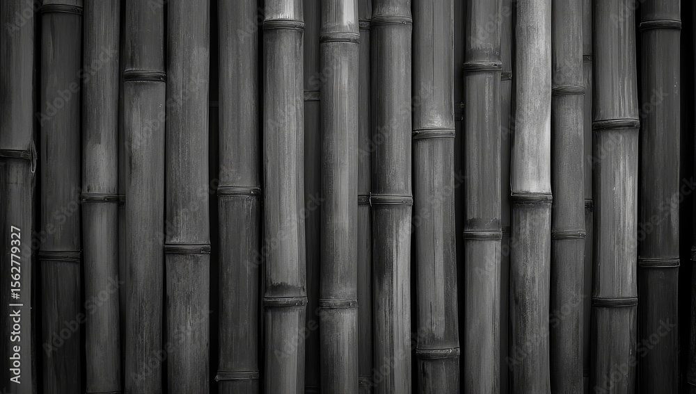 Fototapeta premium Monochrome close-up of vertically arranged bamboo stalks forming a dense wall.