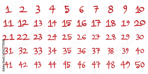 Handwritten Numbers 1–50 Chart. Playful Handwritten Number Grid (1–50). Educational Number Display: 1 to 50 in Handwritten Style. eps 10