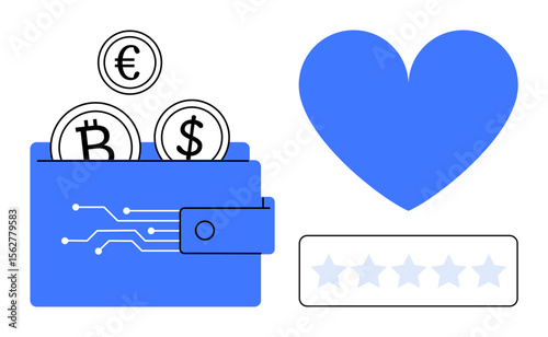 Wallet holding bitcoins, euros, and dollars with electronic circuit pattern, blue heart, and rating bar. Ideal for finance, cryptocurrency, e-commerce, online reviews fintech digital tools simple