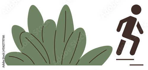 A simplistic figure jumps near a green bush, embodying an outdoor activity. Ideal for adventure, nature exploration, fitness, movement, health, minimalism and eco-lifestyle themes. Clean simple
