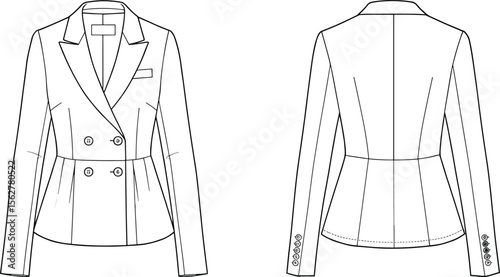 Double-breasted women’s blazer fashion flat sketch, tailored jacket technical drawing, vector coat template, stylish formalwear outline for designers. flat vector illustration