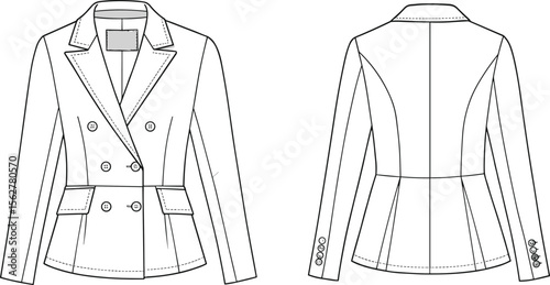  Double-breasted women’s blazer technical flat sketch, vector jacket design, fashion CAD template, tailored coat outline, formalwear illustration, apparel mockup.

flat vector illustration