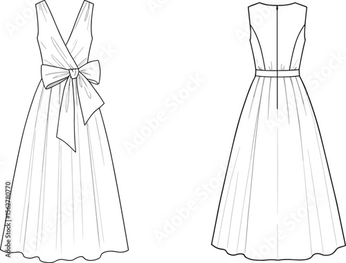  Elegant sleeveless dress flat sketch with bow detail, technical fashion illustration, front and back view, ideal for formalwear design.flat vector illustration