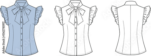 Elegant women’s blouse technical sketch, ruffle sleeves, bow tie front shirt, fashion flat vector, garment design illustration, sleeveless top. flat vector illustration
