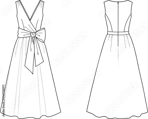 Elegant sleeveless dress flat sketch with waist bow, technical fashion design template for apparel designers, dressmakers, and illustration projects. flat vector illustration