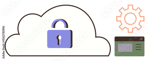 Cloud with lock symbol emphasizing security, gear signifying system settings, and browser interface for user control. Ideal for technology, cybersecurity, cloud storage, data protection, IT tools