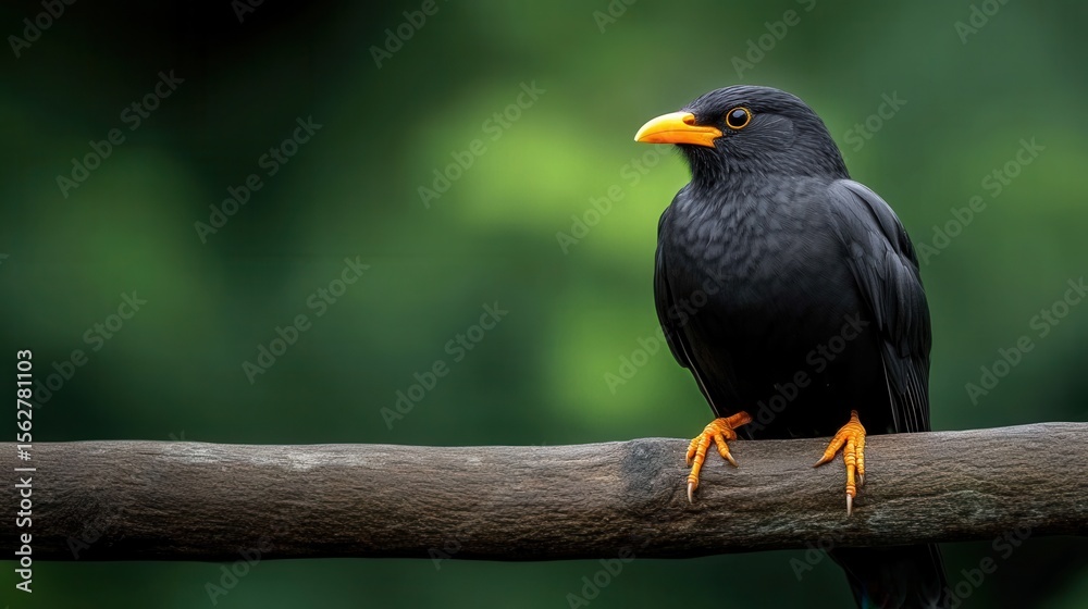 Obraz premium Black Bird with Bright Orange Beak Perched on a Branch in Nature Scene