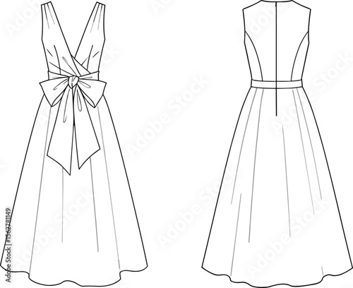 Fashion flat sketch of elegant sleeveless dress with front bow detail, technical vector illustration, ideal for dress design template.

 flat vector illustration