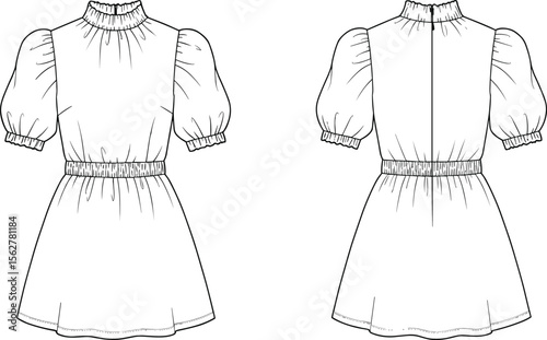 Fashion flat of short puff sleeve mini dress, high neck, elastic waist, technical sketch, front and back vector illustration. flat vector illustration