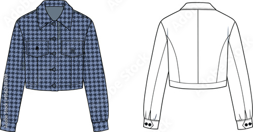  Houndstooth cropped jacket technical flat sketch front and back view for fashion design, outerwear illustration, garment template, and apparel vector.flat vector illustration