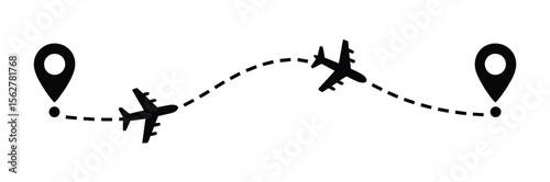 Round trip travel concept. plane travelling from start point to end point with dotted line tracing. trip planning vector symbol on white background