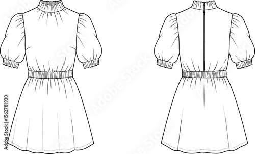 Puff sleeve mini dress technical flat, front and back vector fashion sketch, elastic waist design, high neck detail illustration.

 flat vector illustration