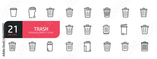 Set of line icons related to waste basket, trash can, recycle bin. Outline icons collection. Editable stroke. Vector illustration