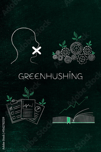 greenhushing concept with silenced face corporate books  and factory mechanism with green leaves on them