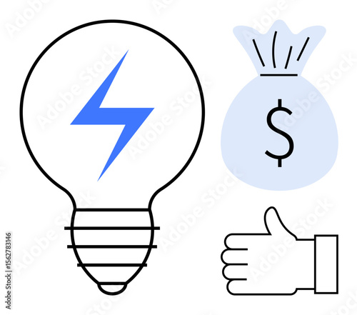 Light bulb with lightning, money bag, and thumbs-up icon symbolizing energy efficiency, savings, innovation, sustainability, approval, renewable energy cost management. Ideal for technology
