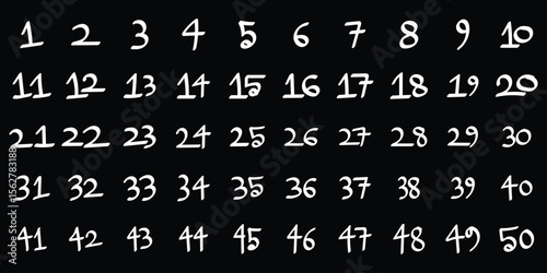 Handwritten Numbers 1–50 Chart. Playful Handwritten Number Grid (1–50). Educational Number Display: 1 to 50 in Handwritten Style. eps 10