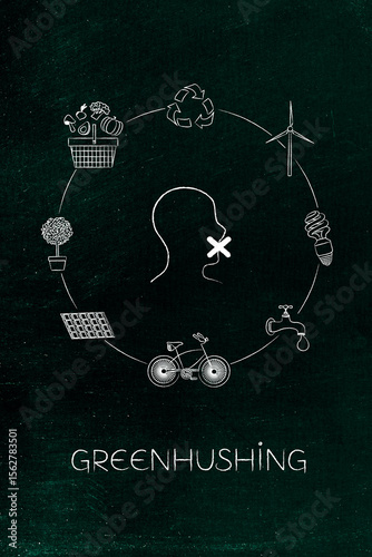 greenhushing concept with silenced face surrounded by ecology themed icons
