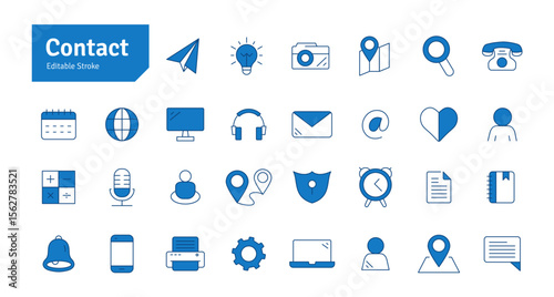 Contact Blue Line Icons Set. Camera, Massage, Email, Location, Home, Address, Headphone, Mobile, Laptop, Monitor Icons Editable Stroke Vector Illustration
