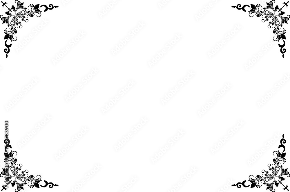 Fototapeta premium Elements of ornate vintage frames. Border black on white classic calligraphy swirls, floral motifs. Design print for greeting cards, wedding invitations, restaurant menu, royal certificates. Set 445