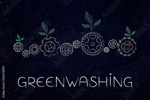 greenwashing, green leaves emerging from industrial gearwheels, deceptive environmental claims