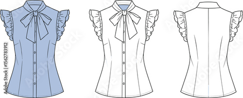 Women’s fashion blouse technical sketch, ruffle sleeve bow tie top, vector CAD illustration, front and back shirt view design.

 flat vector illustration