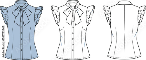 Women’s ruffle sleeve blouse vector, sleeveless shirt CAD, bow tie front top, technical fashion sketch for garment design.