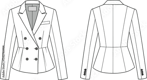 Women’s tailored blazer flat sketch, double-breasted jacket technical drawing, fashion garment illustration, structured formalwear design template, clothing vector outline.

 flat vector illustration