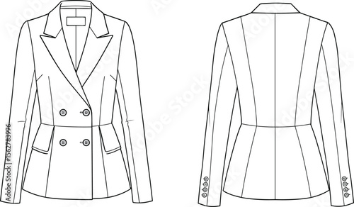 Women's blazer fashion flat sketch, tailored coat technical drawing, double-breasted jacket design template, vector garment illustration, formalwear outline.

 flat vector illustration