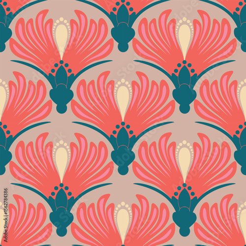Floral shapes and ogee geometrical motifs background. abstract repeat wallpaper.Seamless pattern anthemion damask wallpaper illustration.floral pattern in deep pastel color.Digital art deco pattern.