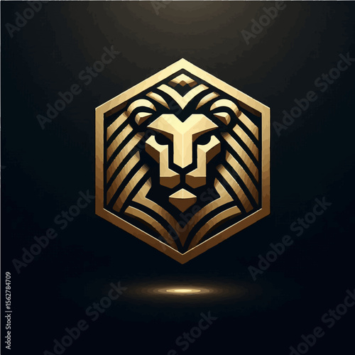 Minimalist Geometric Lion Head Logo with Gold Details on Matte Black