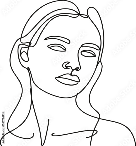 Elegant woman's face in minimalist line art style with gold and blush accents, a sophisticated design for beauty and fashion projects.