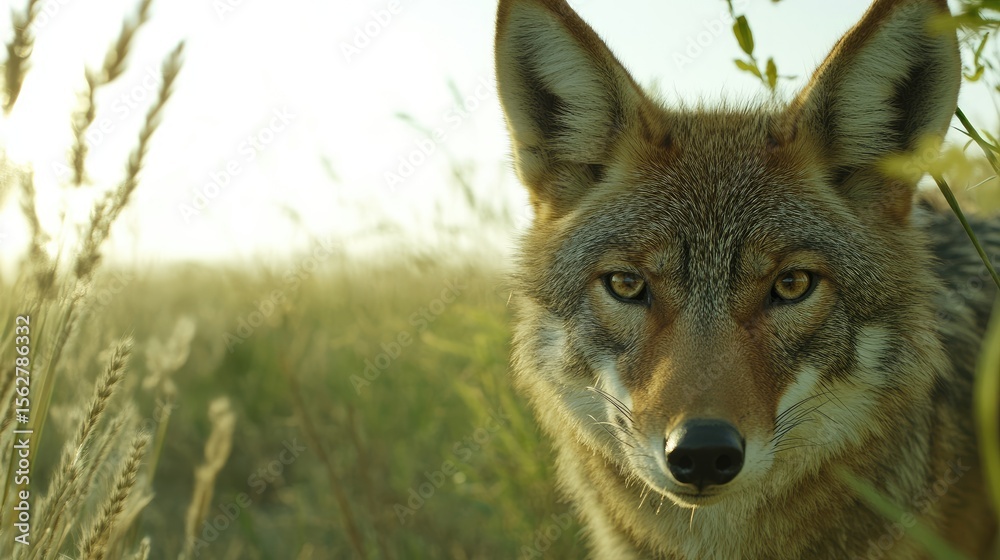 Fototapeta premium Coyote sunset grassland portrait.