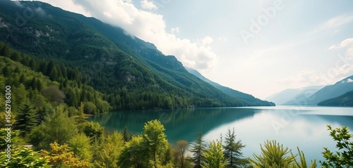 Serene mountain lake nestled amidst vibrant green foliage, reflecting tranquil sky,  lush,  beautiful