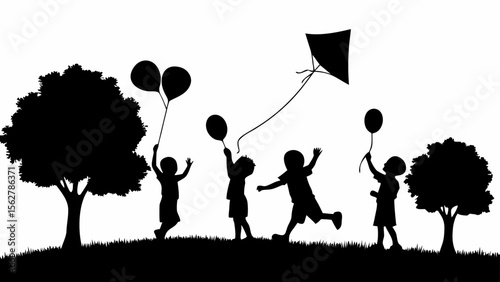 Silhouette of children playing with balloons and a kite in a park with trees and grassy ground area