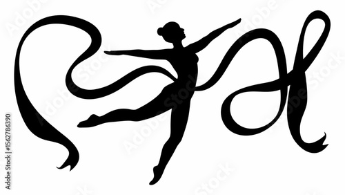 Silhouette of a rhythmic gymnast in motion with a flowing ribbon artistic performance element design