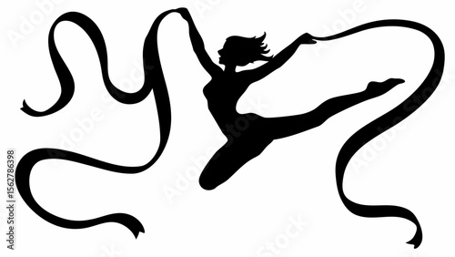 Silhouette of a rhythmic gymnast performing with a ribbon in a dynamic pose on a white background