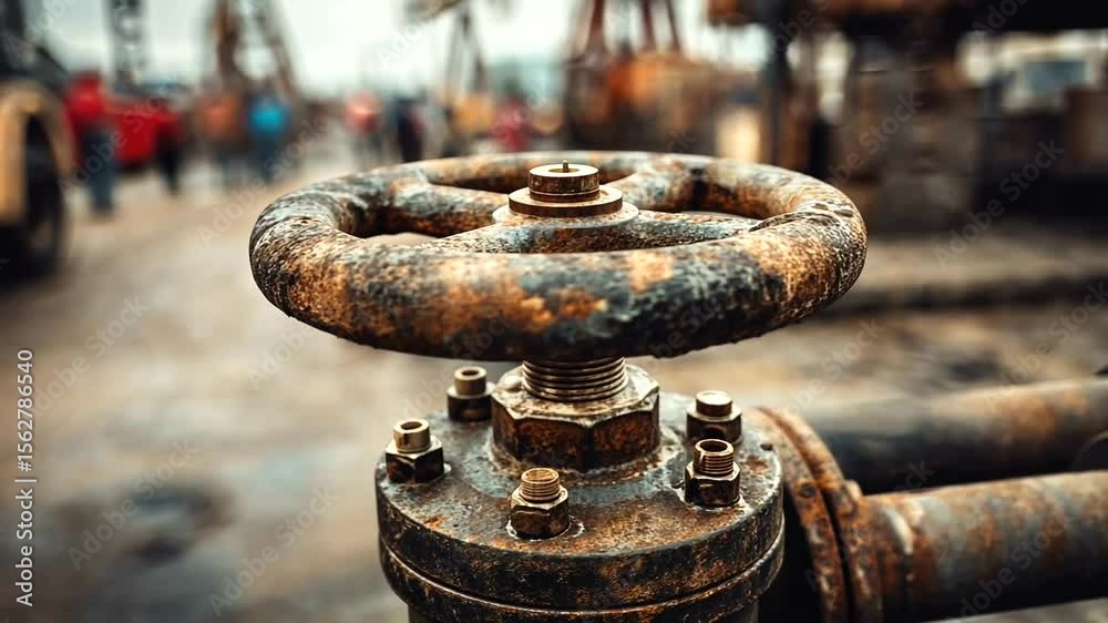Rusty Valve in Industrial Setting with People in Background