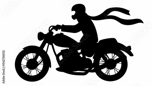 Silhouette of a motorcyclist wearing a helmet and scarf riding a motorcycle in a side view position