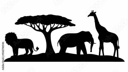 Silhouette of a lion, tree, elephant, and giraffe standing on a hill in a black and white illustration