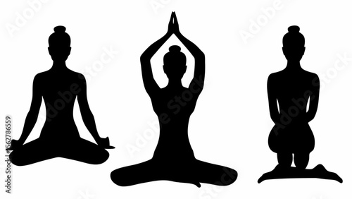 Three yoga poses silhouette showing meditation and prayer positions with hands in different gestures pose