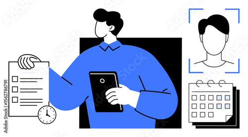 Person holding a tablet and checklist alongside a clock, user profile, and calendar. Ideal for productivity, organization, digital tools, time management, planning, workflow simple flat metaphor