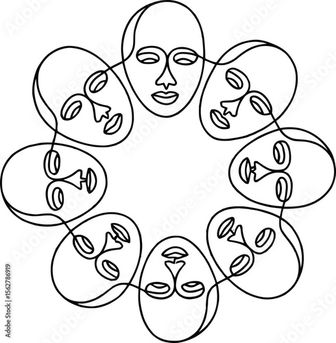 Depicts interconnected faces encircling the words community in unity, an excellent design for branding, social causes, and promoting diversity.