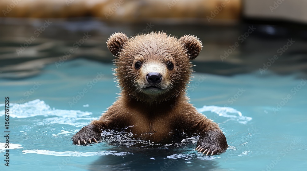 Fototapeta premium Cute bear cub swimming pool.