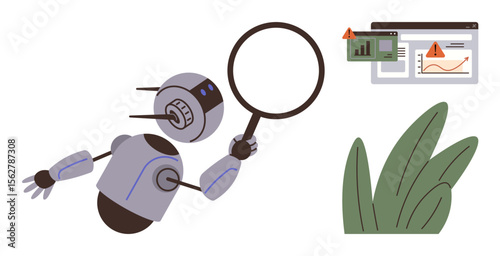 Robot analyzing graphs with magnifying glass near dashboard with error warnings. Ideal for AI, data analysis, automation, error detection, technology, machine learning, cybersecurity. Simple flat