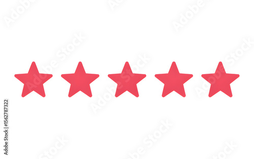 five identical bright red stars isolated on transparent white background
