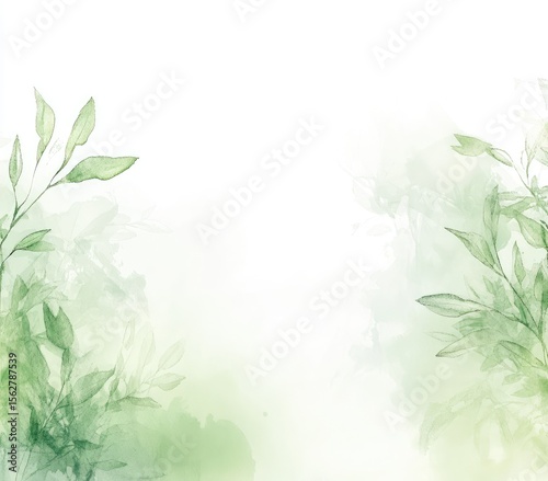 Delicate, light green leaves and branches against a soft, watercolor backdrop