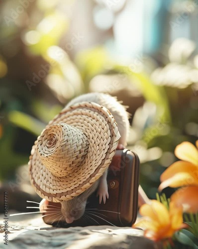 Whimsical Adventure: Mouse with Suitcase and Straw Hat in Vibrant Garden Scene 