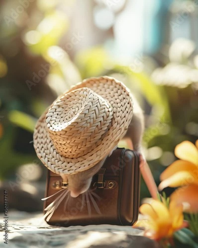 Adventurous Mouse with Straw Hat and Suitcase in Garden Setting 